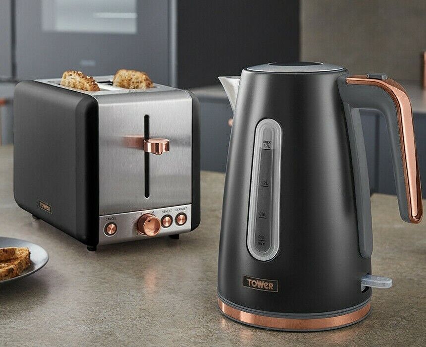 Tower Cavaletto 1.7L Jug Kettle & 2 Slice Toaster in Black & Rose Gold
