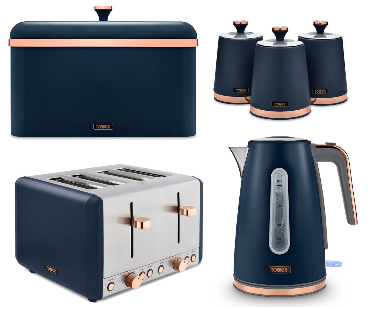 Tower Cavaletto Contemporary Kitchen Set of 6 Items in Midnight Blue & Rose Gold