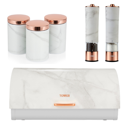 Tower Marble Rose Gold Bread Bin Canisters & Salt & Pepper Matching Set