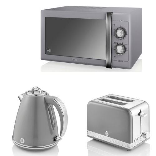 SWAN Retro 1.5L 3KW Jug Kettle, 2 Slice Toaster & 25L 900w Microwave in Grey