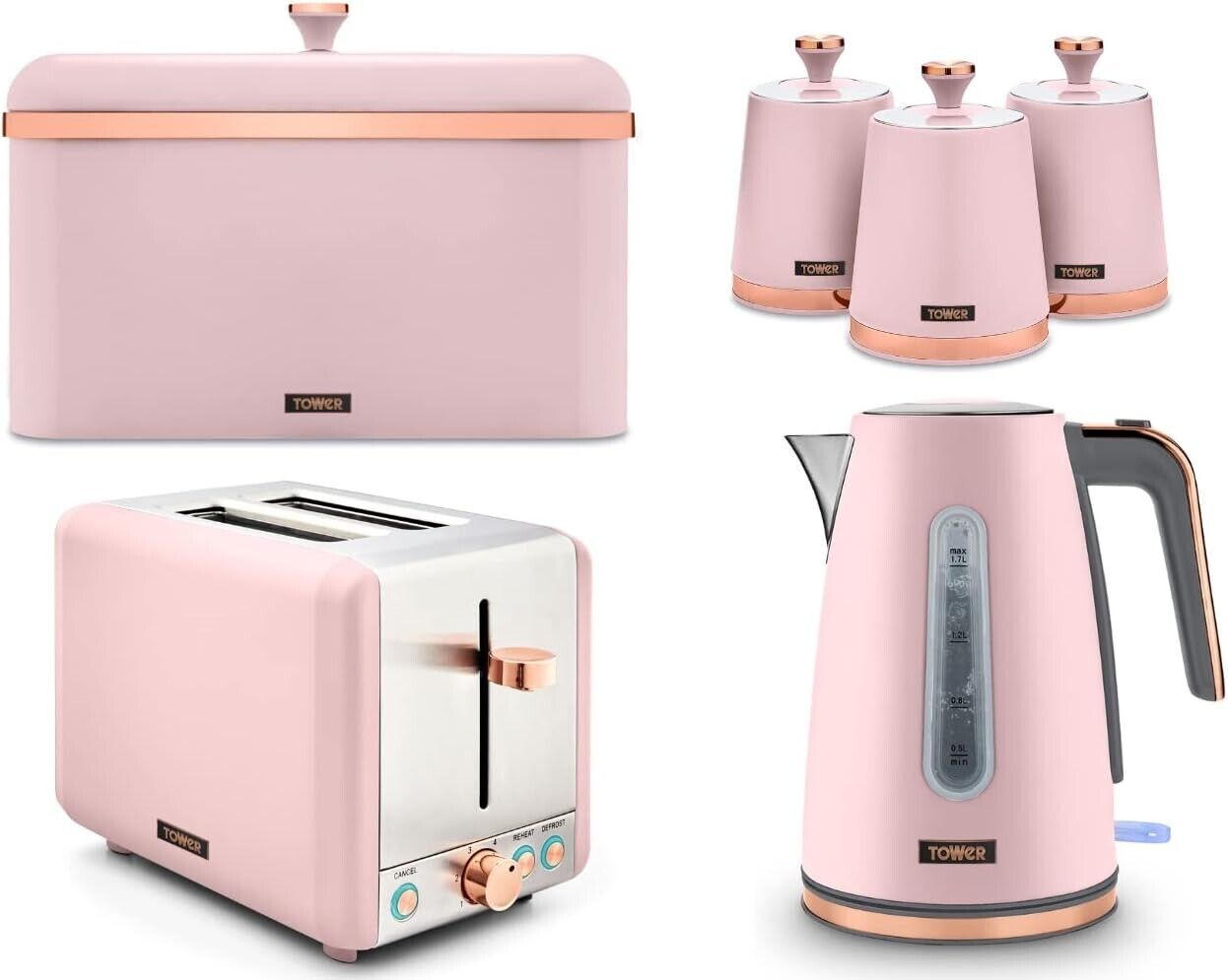 Tower Cavaletto Pink 1.7L 3KW Jug Kettle, 2 Slice Toaster, Bread Bin & Canisters Matching KItchen Set