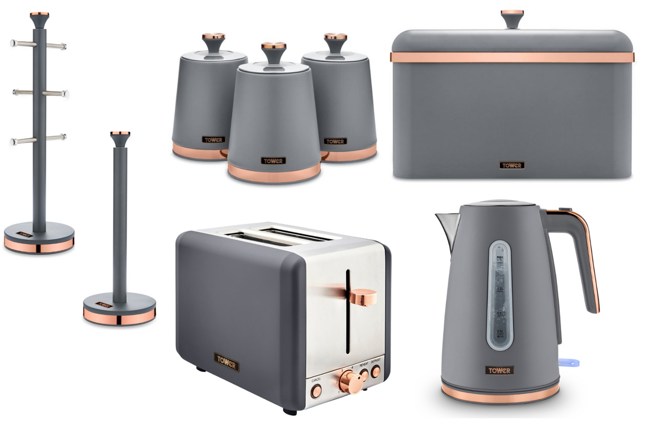 TOWER Cavaletto Grey Jug Kettle Toaster Bread Bin 3 Canisters Mug Tree & Towel Pole Matching Set