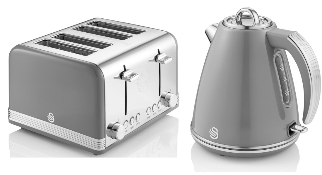 SWAN Retro Grey Jug 1.5L 3KW Kettle & 4 Slice Toaster Matching Set