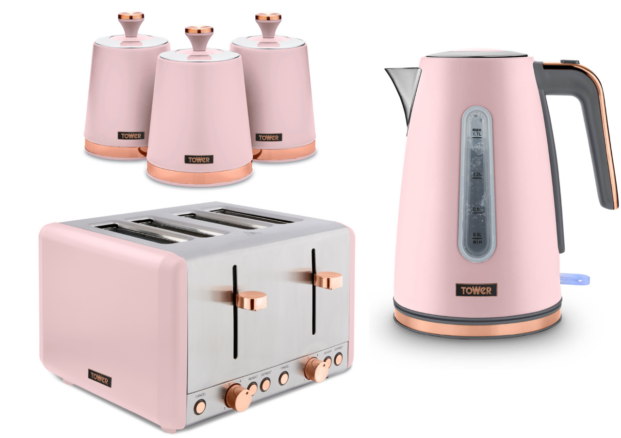Tower Cavaletto Pink Jug Kettle 4 Slice Toaster Canisters Matching Kitchen Set