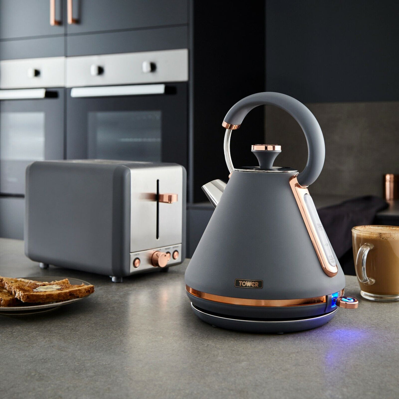 Tower Cavaletto Pyramid Kettle, Toaster, Bread Bin & Canisters Matching Set in Grey & Rose Gold