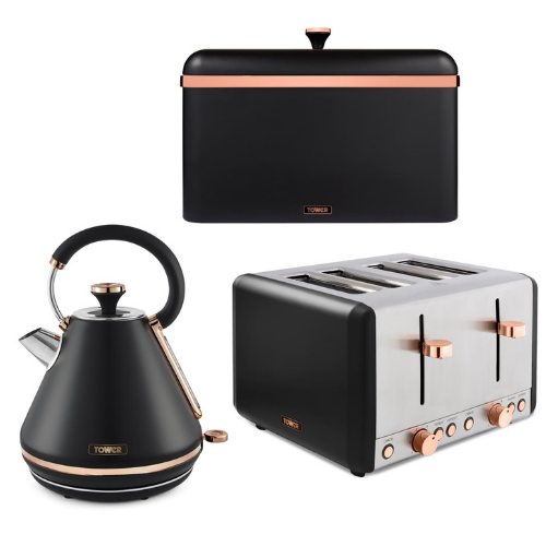Tower Cavaletto Pyramid Kettle/4 Slice Toaster/Bread Bin Set in Black & Rose Gold