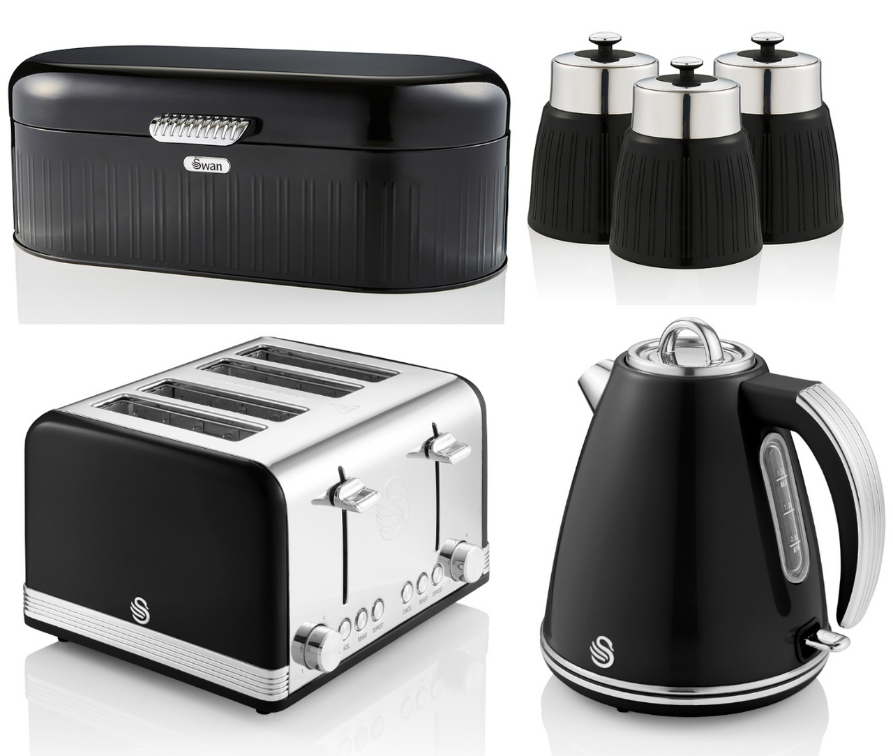 Swan Retro Black 1.5L 3KW Jug Kettle, 4 Slice Toaster, Bread Bin & Tea, Coffee, Sugar Canisters Set