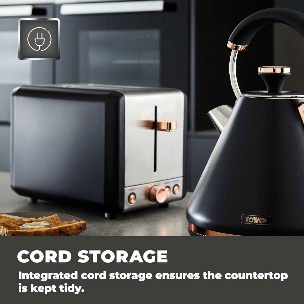 Tower Cavaletto Black 1.7L 3KW Pyramid Kettle, 2 Slice Toaster & Tea, Coffee, Sugar Canisters Kitchen Set