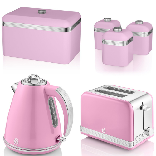 SWAN Retro Kitchen Set Jug Kettle 2 Slice Toaster Breadbin & 3 Canisters in Pink