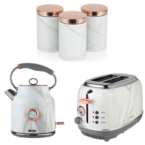 Tower Rose Gold & White Marble Kettle, 2 Slice Toaster & Canisters Matching Set