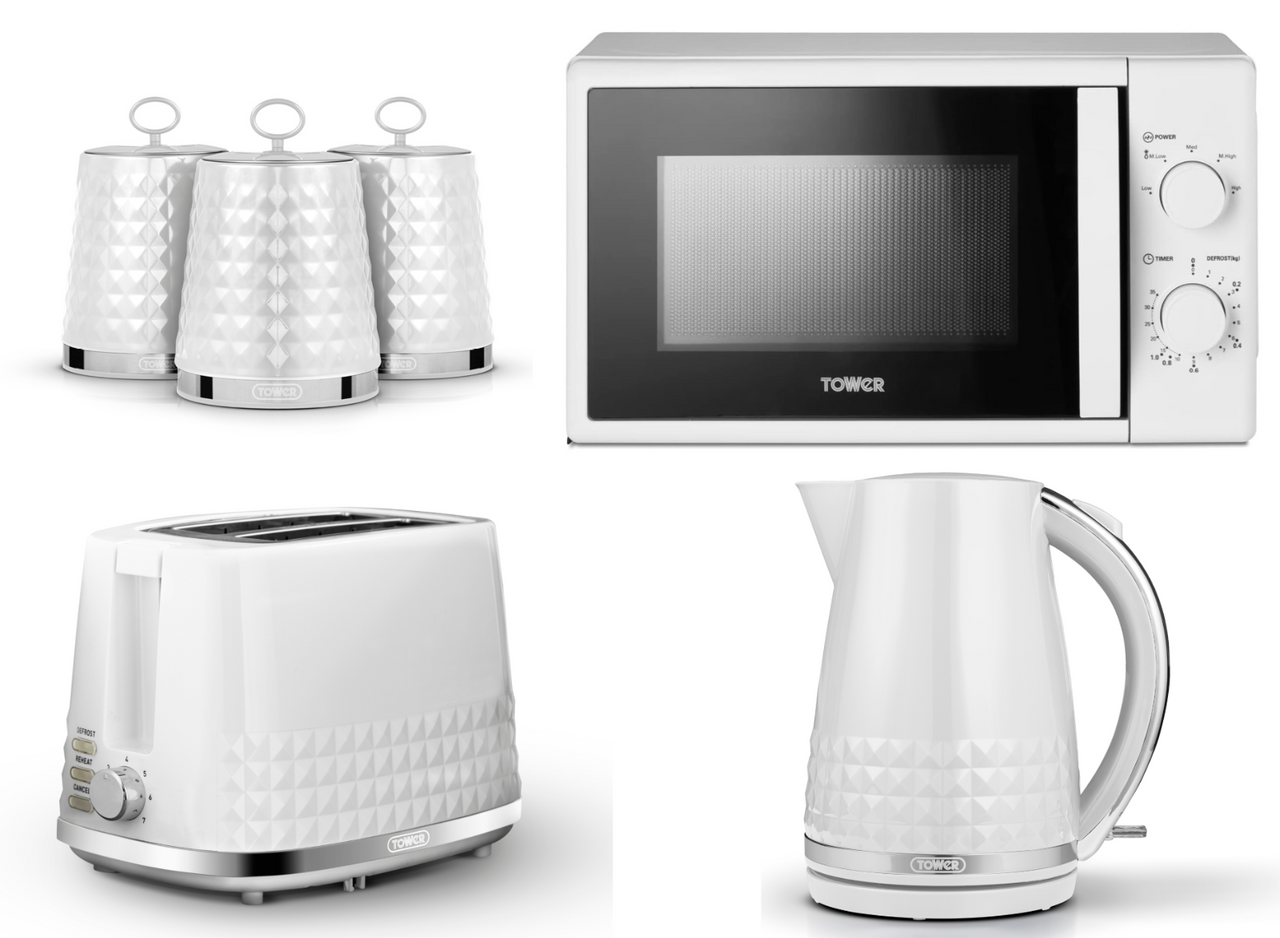 Tower Solitaire White 3KW 1.5L Jug Kettle, 2 Slice Toaster, 700W 20L Microwave & Canisters Matching Set of 6