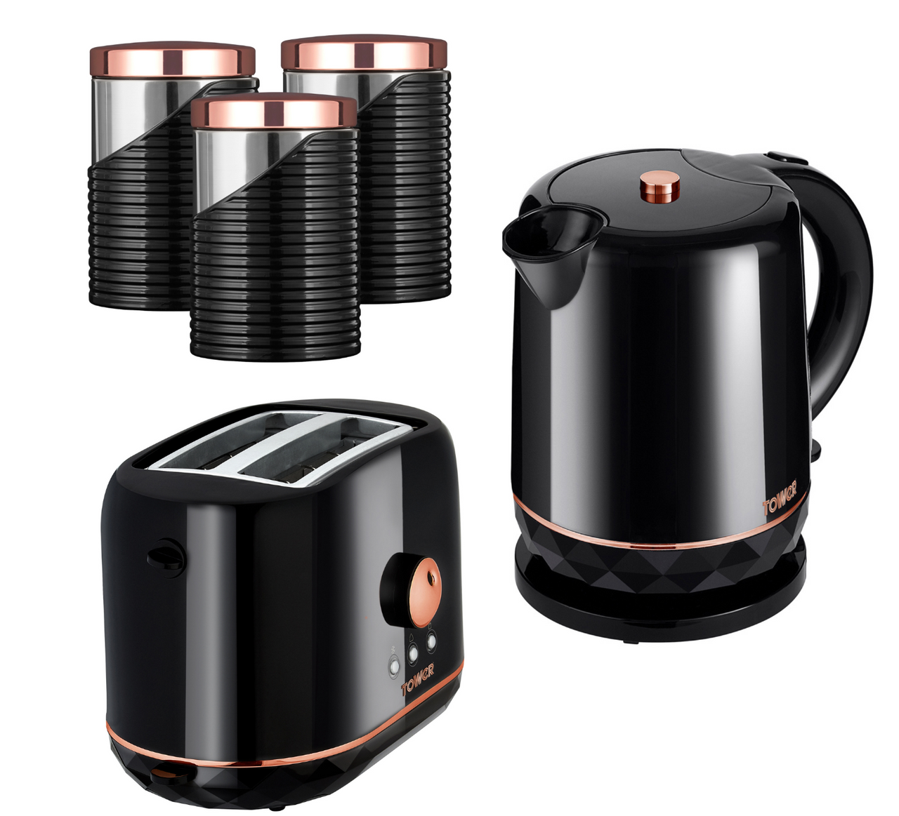 Tower Rose Gold & Black 1.5L Kettle, 2 Slice Toaster & Tea Coffee Sugar Canisters Matching Kitchen Set