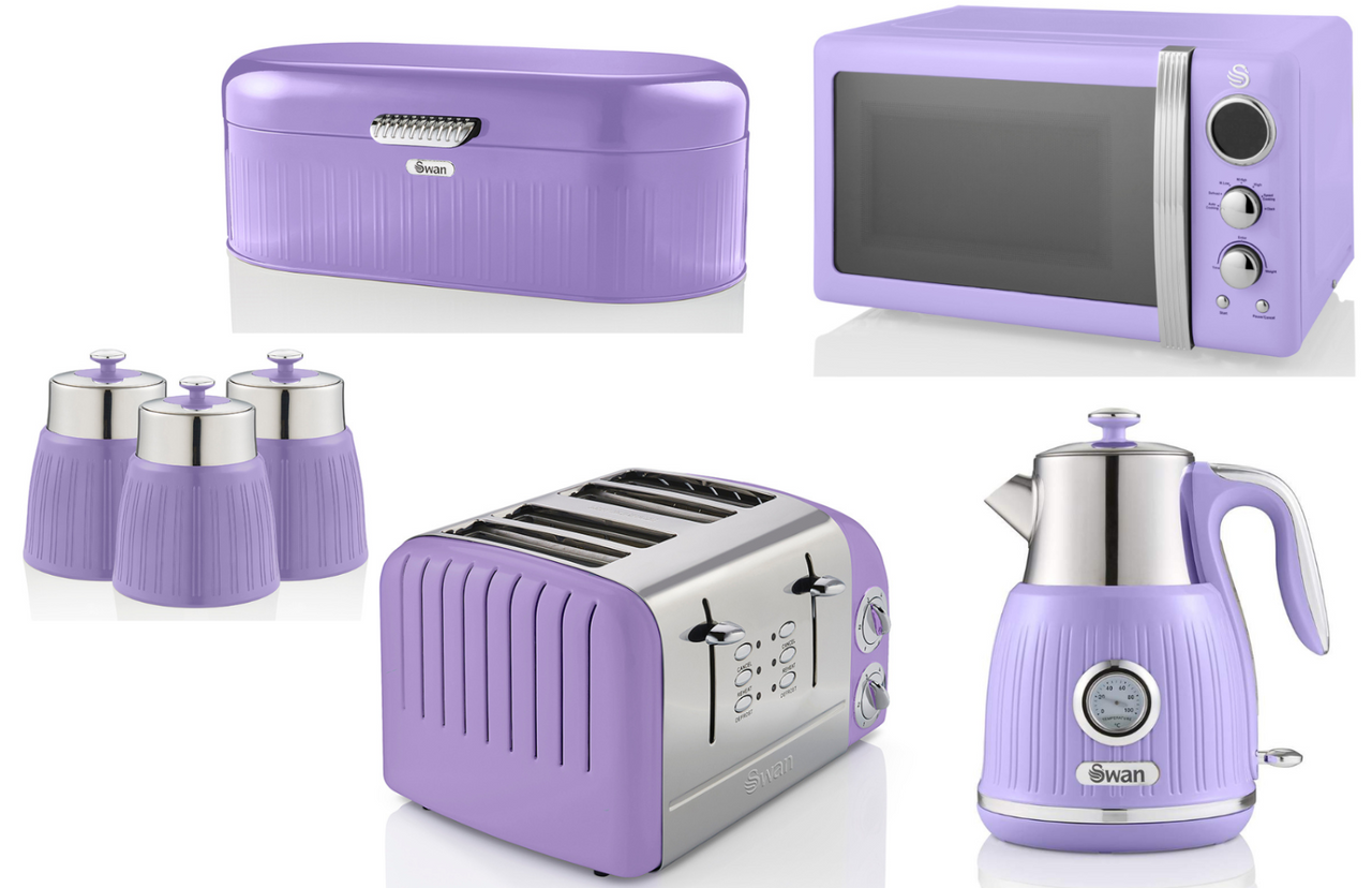 Swan Retro Purple Dial Kettle Toaster Microwave Bread Bin & Canisters Set of 7