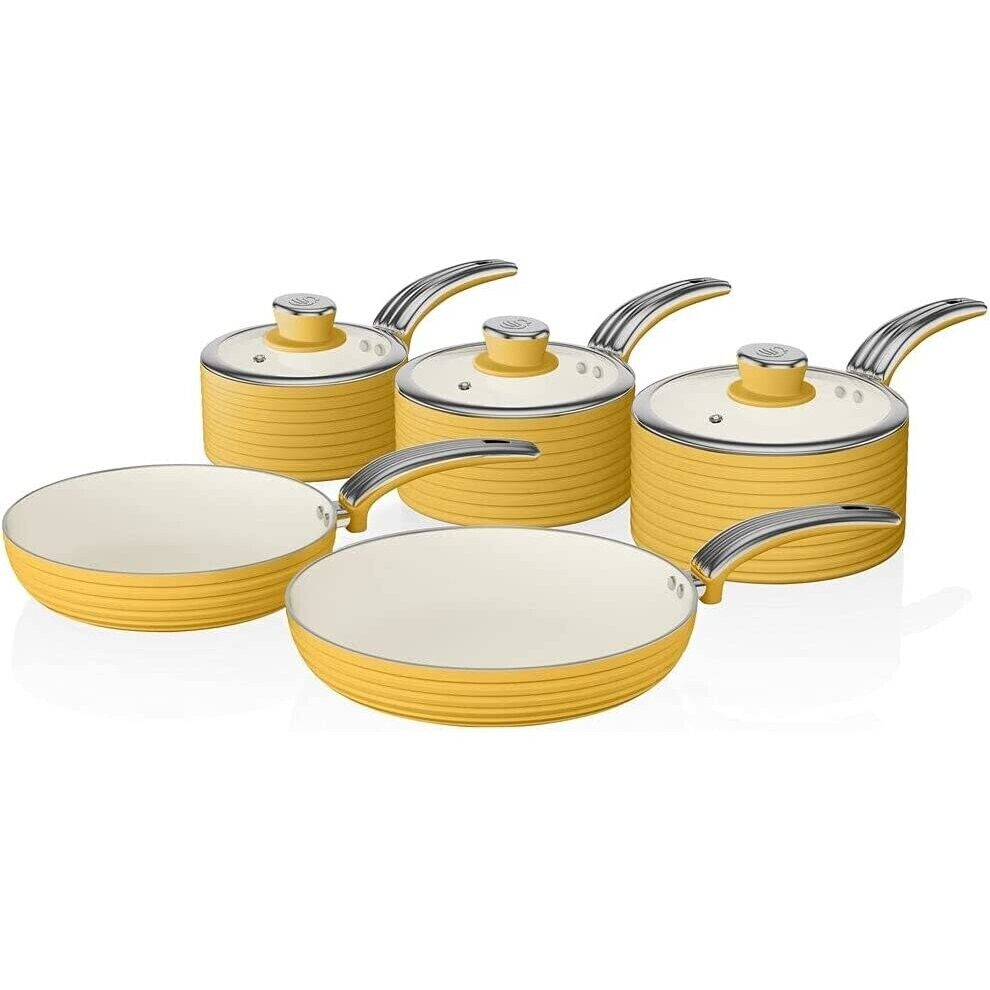 Swan Retro Yellow 5 Piece Pan Set Stylish Kitchen Cookware Set 2 Year Guarantee