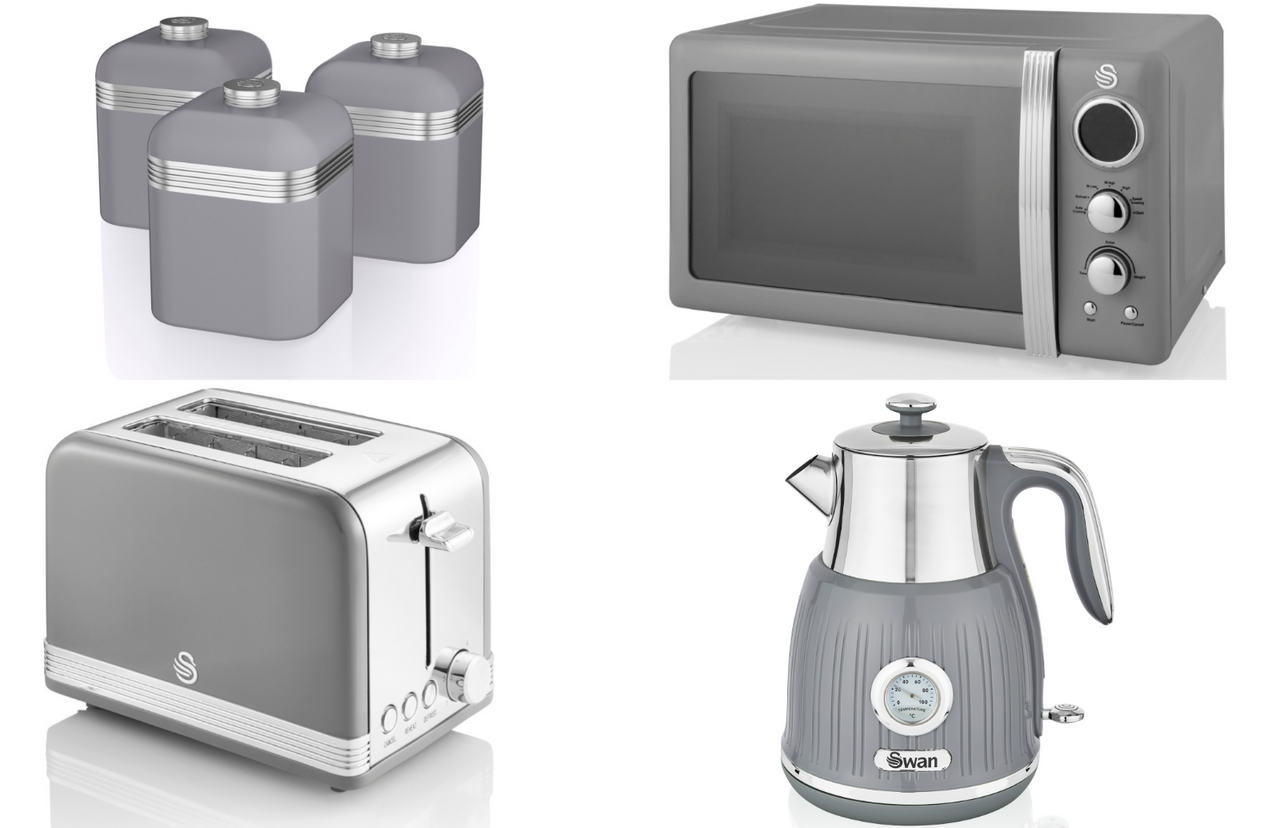 SWAN Retro Grey Dial Kettle 2 Slice Toaster Microwave & 3 Canisters Matching Set