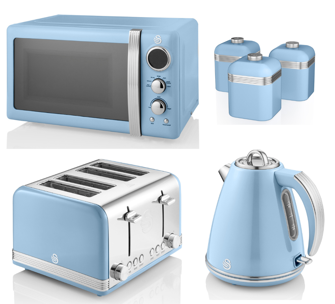 Swan Retro Blue Set of 6 - 1.5L Jug Kettle, 4 Slice Toaster, 800W 20L Digital Microwave & Canisters