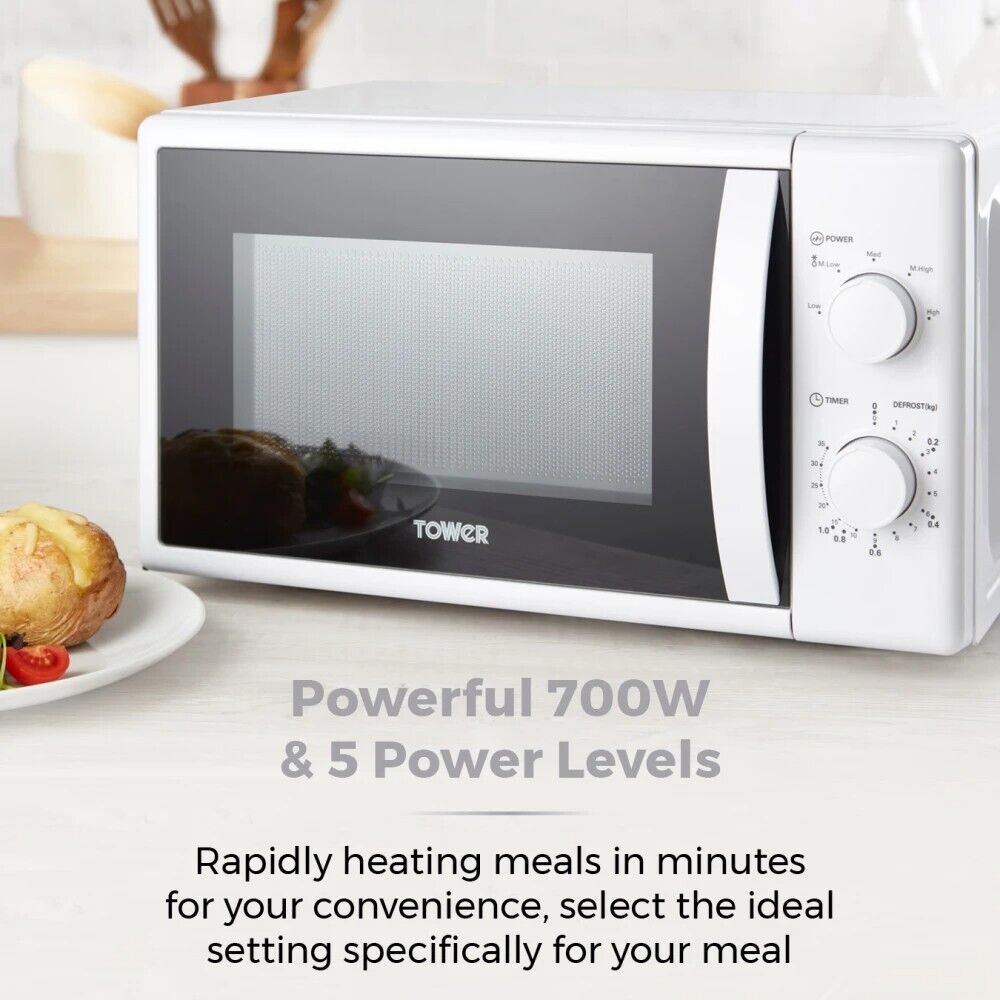 Tower 700W 20L Manual Microwave in White T24034WHT - 3 Year Guarantee