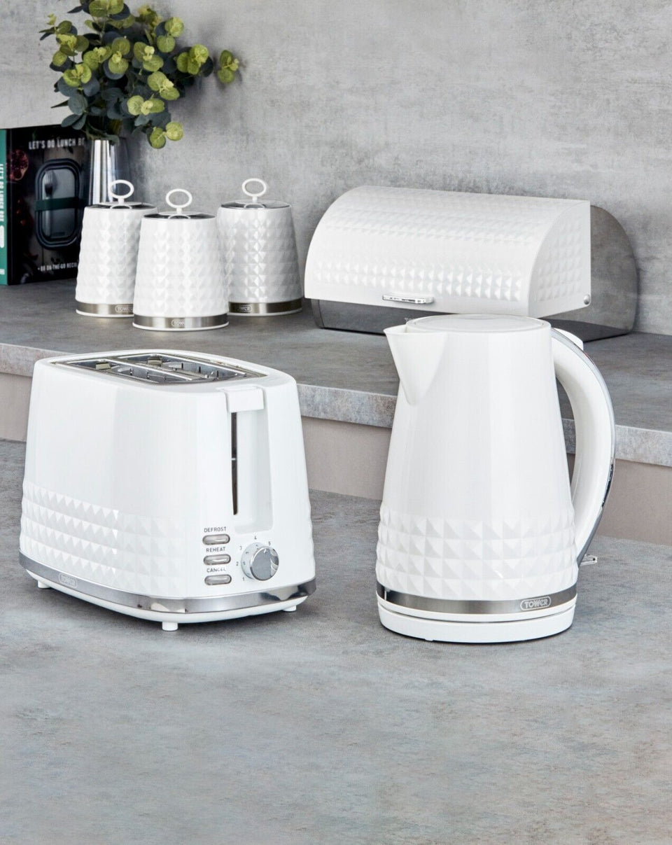 Tower Solitaire Kettle 2 Slice Toaster & Bread Bin White Matching Set
