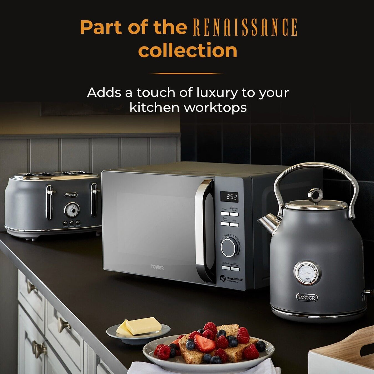 Tower Renaissance Grey Kettle 4 Slice Toaster & 800W 20L Microwave Kitchen Set