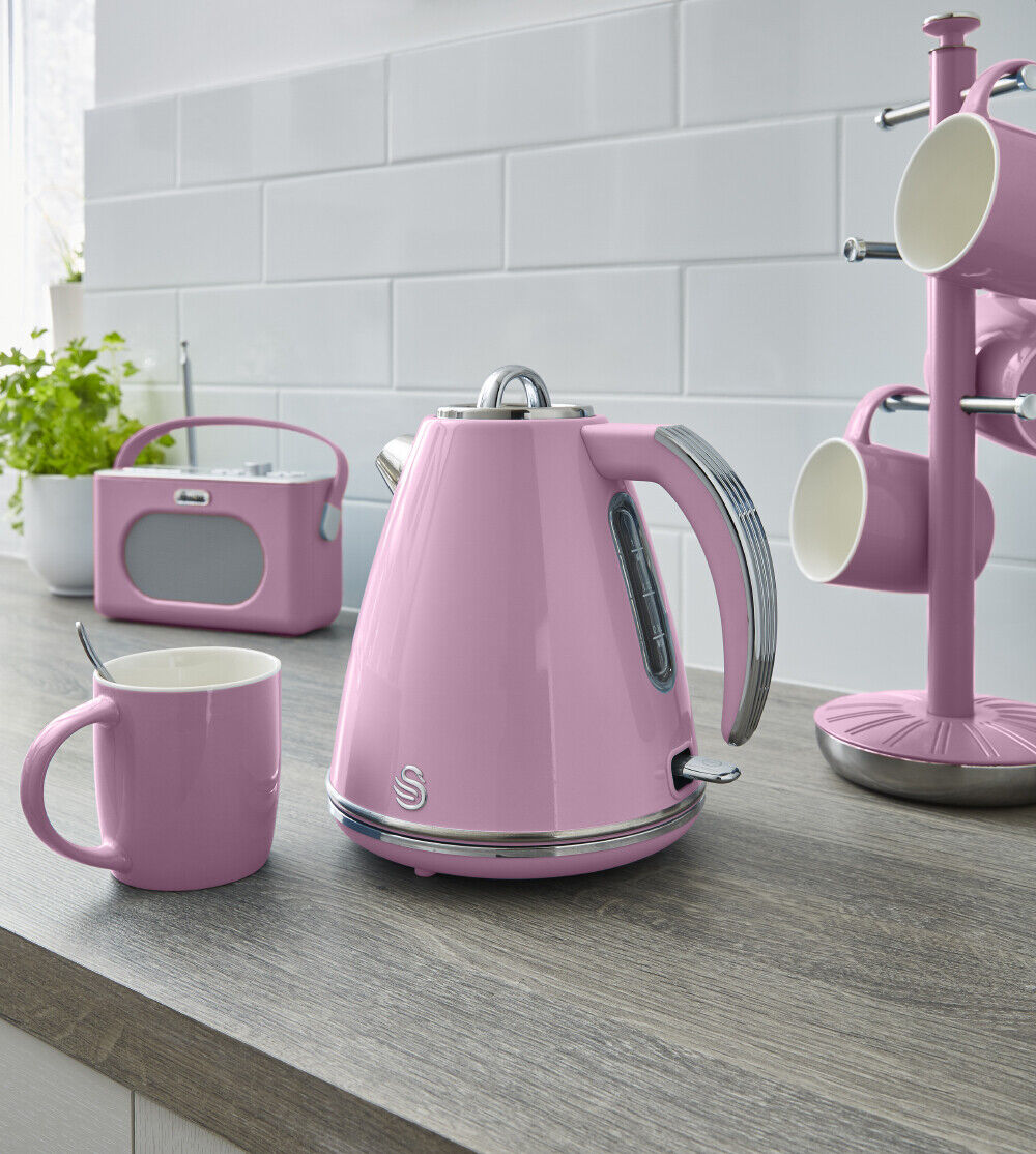 SWAN Retro Pink Set of 9 Kettle, Toaster, 45L Sensor Bin & Kitchen Storage Set