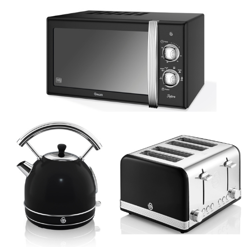 SWAN Retro Dome Kettle, 4 Slice Toaster & Manual Microwave in Black & Chrome