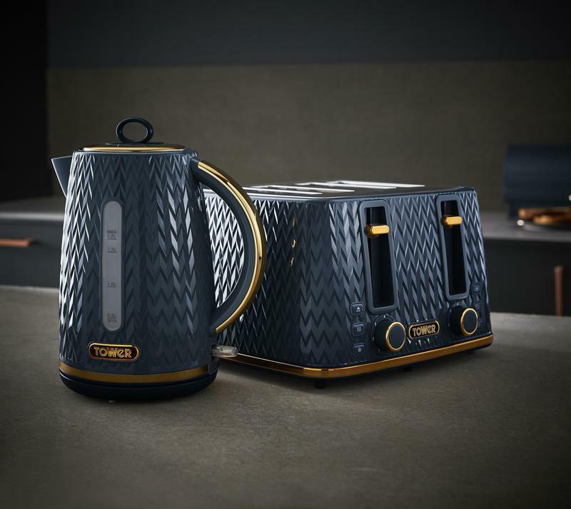 Tower Empire Jug 1.7L 3KW Kettle & 4 Slice Toaster Matching Midnight Blue Brass Accents