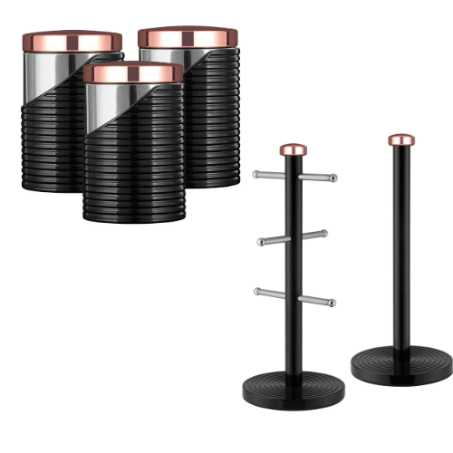 Tower Linear Canisters, Mug Tree & Towel Pole Set in Black & Rose Gold
