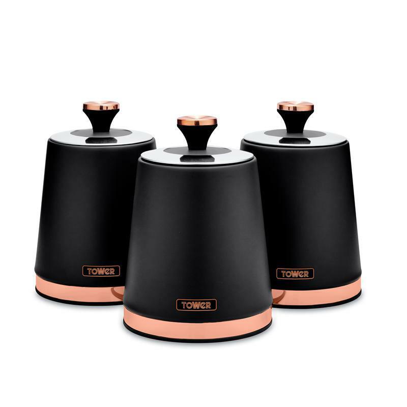 Tower Cavaletto Black Tea, Coffee, Sugar Canisters with Rose Gold Accents T826131BLK
