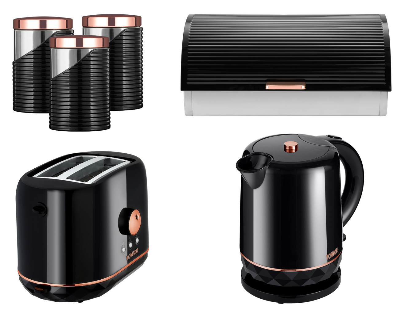 Tower Rose Gold & Black Kettle, 2 Slice Toaster, Bread Bin & 3 Canisters Set