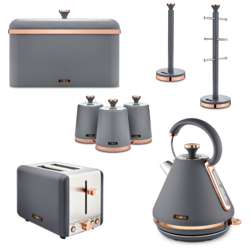 TOWER Cavaletto Grey Kettle 2 Slice Toaster Bread Bin Canisters Mug Tree & Towel Pole Matching Kitchen Set of 8