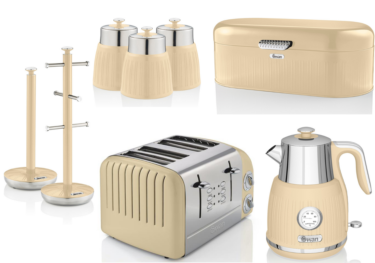 Swan Retro Cream Dial Kettle Toaster Bread Bin Canisters Mug Tree Towel Pole Set