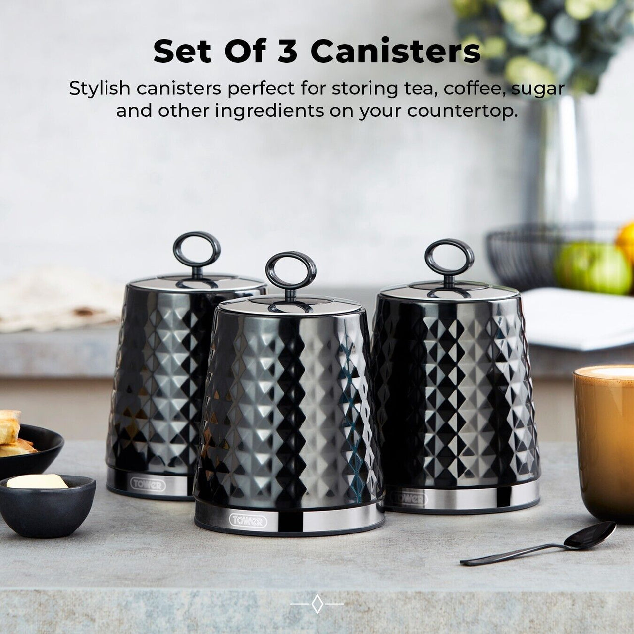 Tower Solitaire Set of 3 Canisters Storage Set Embossed Diamond Design
