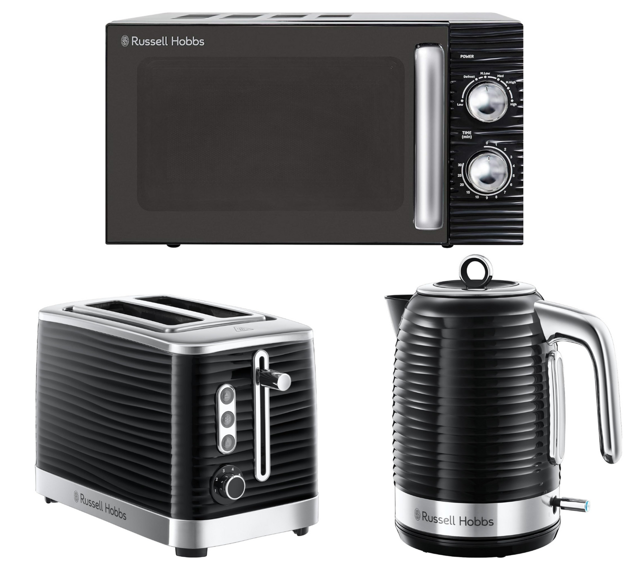 Russell Hobbs Inspire Jug Kettle, 2 Slice Toaster & 17L 700W Manual Microwave Matching Kitchen Set in Black with Chrome