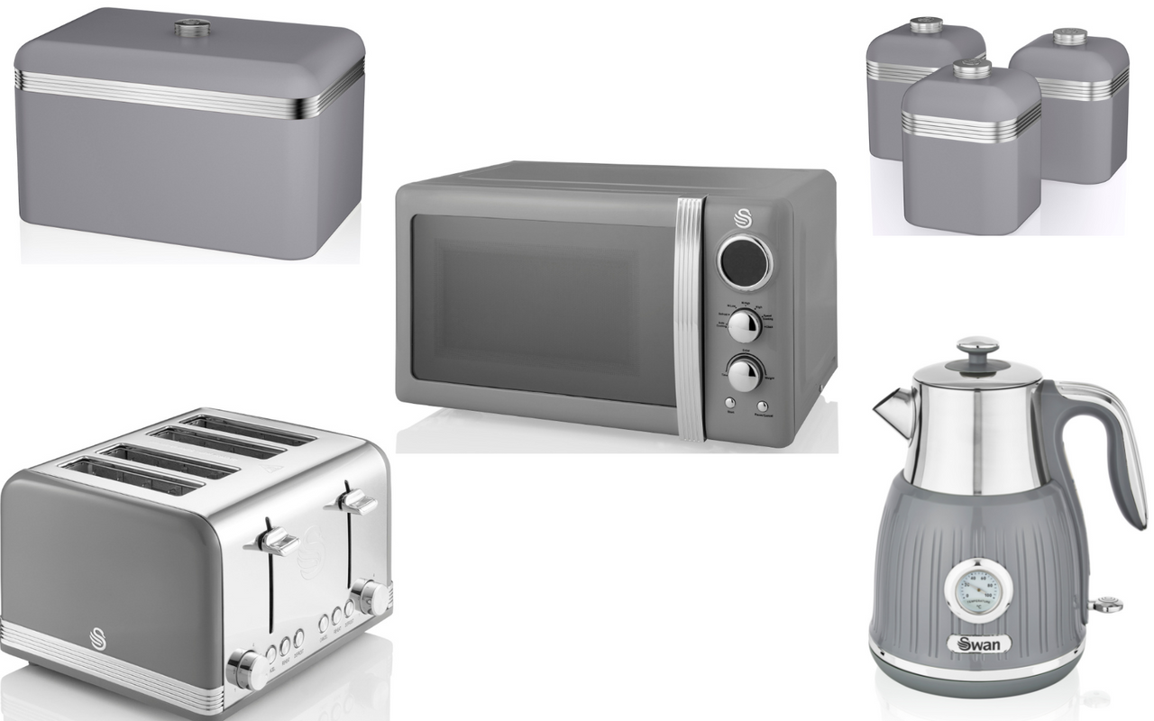 SWAN Retro Grey 1.5L 3KW Jug Temperature Dial Kettle, 4 Slice Toaster, Digital Microwave, Bread Bin & Canisters Matching Set