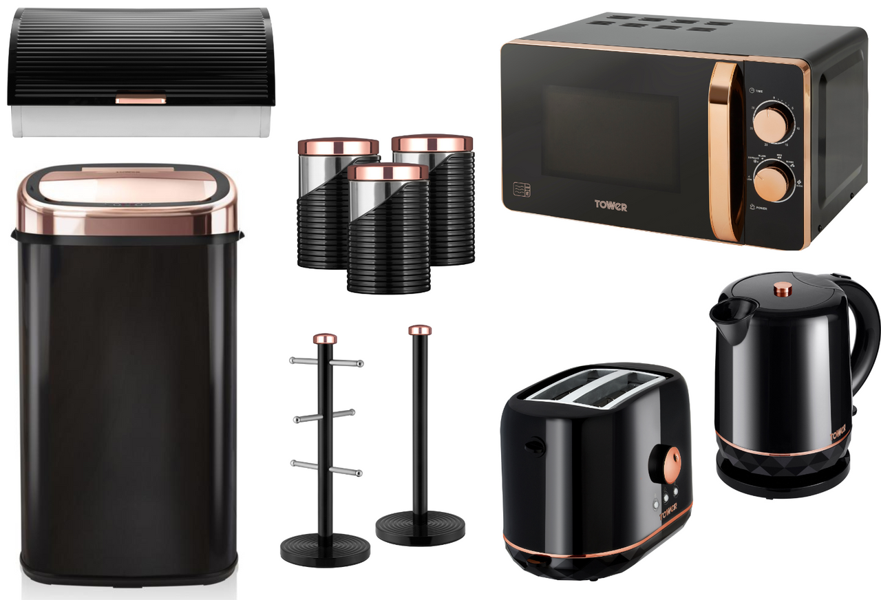Tower Black/Rose Gold  Set of 10 - Kettle Toaster Manual 800W Microwave Kitchen Bin & Storage