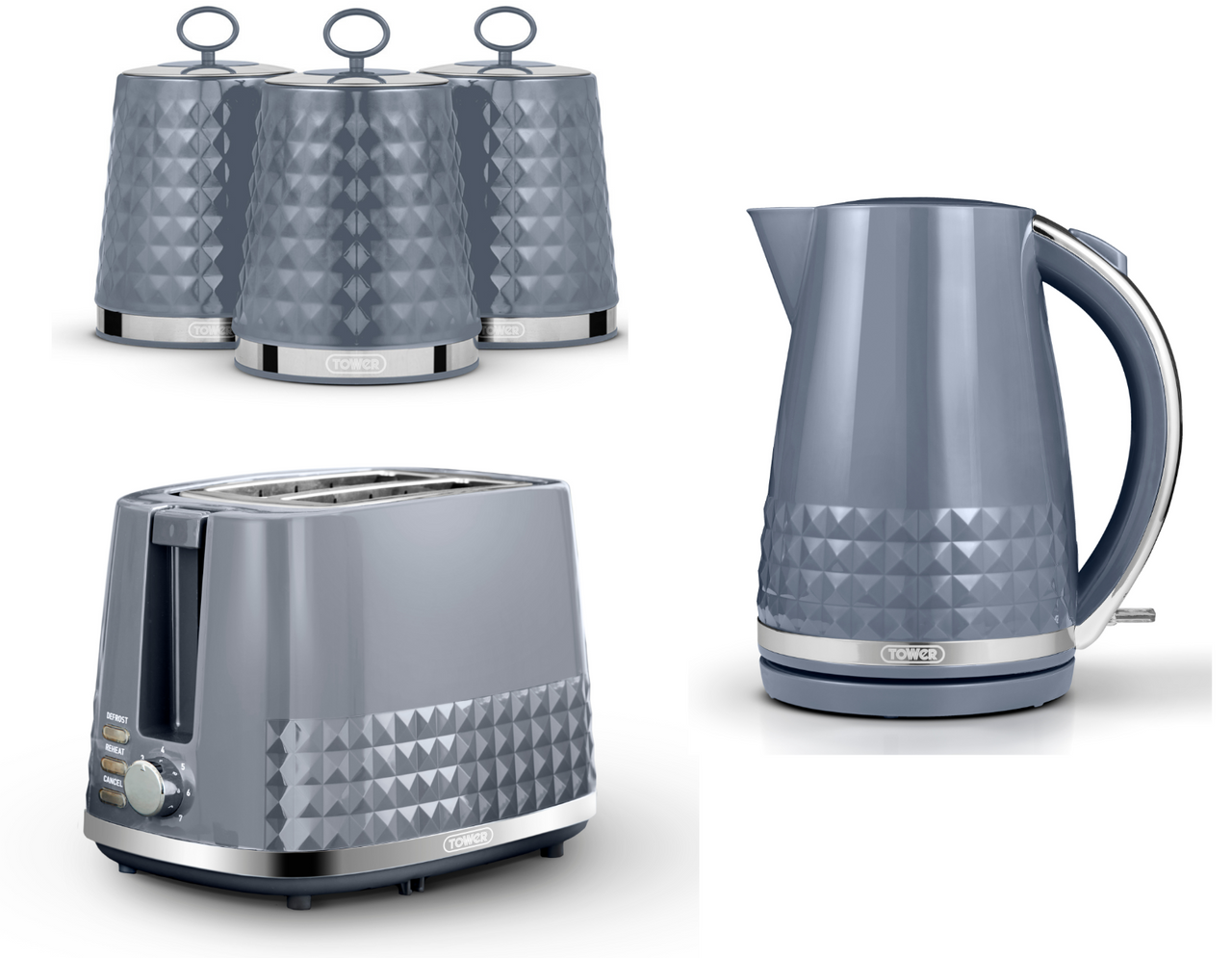 Tower Solitaire Kettle 2 Slice Toaster & Canisters Matching Set Grey & Chrome