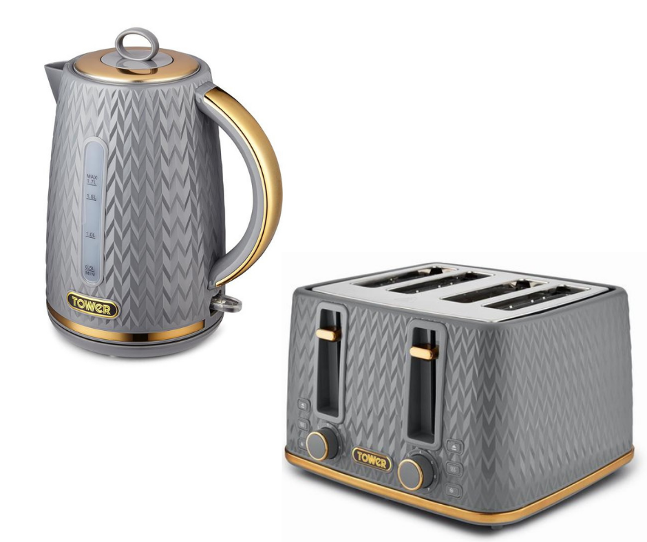 Tower Empire Jug Kettle & 4 Slice Toaster Matching Set in Grey with Brass Accent